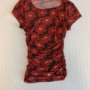Free People Red Floral Ruched Tee